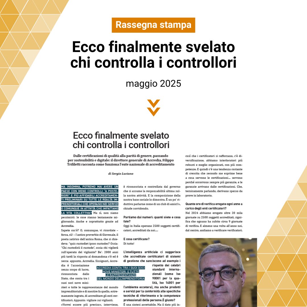 Accredia (@accredia) on Twitter photo Grazie a <a href="/sergioluciano60/">sergio luciano</a> per l’intervista su <a href="/Economy_Mag/">EconomyMagazine.it</a> al Direttore Generale di #Accredia Filippo Trifiletti, in cui parla del ruolo e della storia dell’#accreditamento in Italia.
#certificazioneaccreditata #organismidicertificazione #laboratoridiprova #laboratorimedici Grazie a <a href="/sergioluciano60/">sergio luciano</a> per l’intervista su <a href="/Economy_Mag/">EconomyMagazine.it</a> al Direttore Generale di #Accredia Filippo Trifiletti, in cui parla del ruolo e della storia dell’#accreditamento in Italia.
#certificazioneaccreditata #organismidicertificazione #laboratoridiprova #laboratorimedici