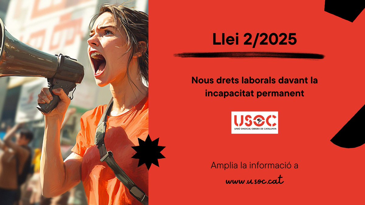 🚨 Llei 2/2025: nous drets laborals davant la incapacitat permanent

🪫 Si tens una incapacitat permanent, ja no et poden acomiadar automàticament. Les empreses han d’adaptar el lloc de feina amb ajustos raonables.

🔗 Tota la informació detallada a usoc.cat/llei-2-2025-no…