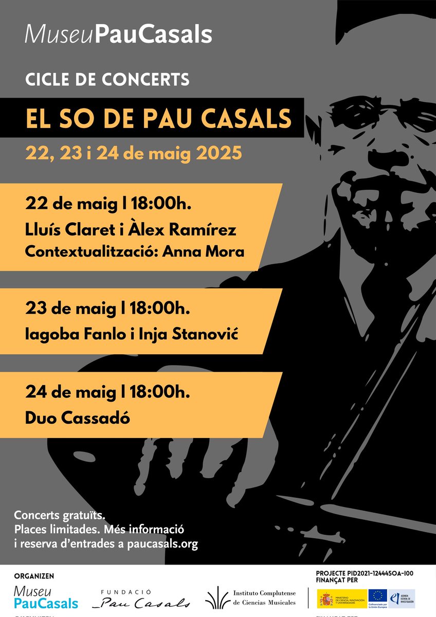 🎶 Del 22 al 24 de maig us convidem al cicle de concerts "El so de Pau Casals" per descobrir la pràctica concertística de Casals de la mà de tres destacats violoncel·listes 🎻
🎟 Tota la info i reserva d'entrades a: paucasals.org/museu/activita…