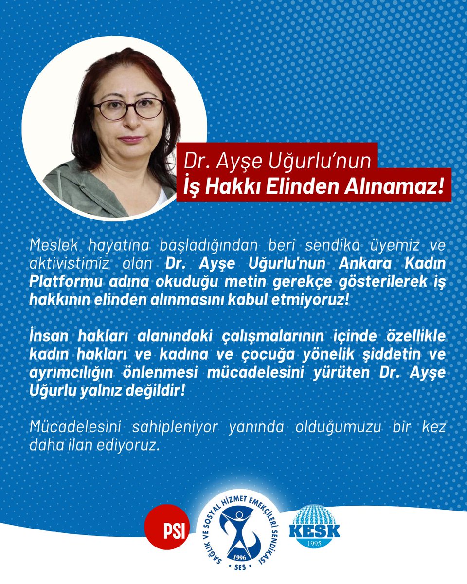 Dr. Ayşe Uğurlu’nun İş Hakkı Elinden Alınamaz!

Meslek hayatına başladığından beri sendika üyemiz ve aktivistimiz olan Dr. Ayşe Uğurlu'nun Ankara Kadın Platformu adına okuduğu metin gerekçe gösterilerek iş hakkının elinden alınmasını kabul etmiyoruz!

İnsan hakları alanındaki