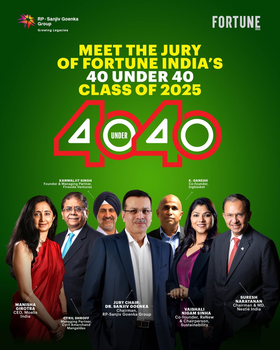 Fortune India (@fortuneindia) on Twitter photo šØ Meet the high-powered jury of Fortune India's 40 Under 40, Class of 2025!
Led by <a href="/DrSanjivGoenka/">Dr. Sanjiv Goenka</a>, Chairman of RP-Sanjiv Goenka Group, the panel features trailblazers such as <a href="/cakanwaljit/">CA.Kanwaljit Singh</a>, Founder & Managing Partner, Fireside Ventures; <a href="/ganeshk03/">K.Ganesh</a>, Co-founder, bigbasket; šØ Meet the high-powered jury of Fortune India's 40 Under 40, Class of 2025!
Led by <a href="/DrSanjivGoenka/">Dr. Sanjiv Goenka</a>, Chairman of RP-Sanjiv Goenka Group, the panel features trailblazers such as <a href="/cakanwaljit/">CA.Kanwaljit Singh</a>, Founder & Managing Partner, Fireside Ventures; <a href="/ganeshk03/">K.Ganesh</a>, Co-founder, bigbasket;