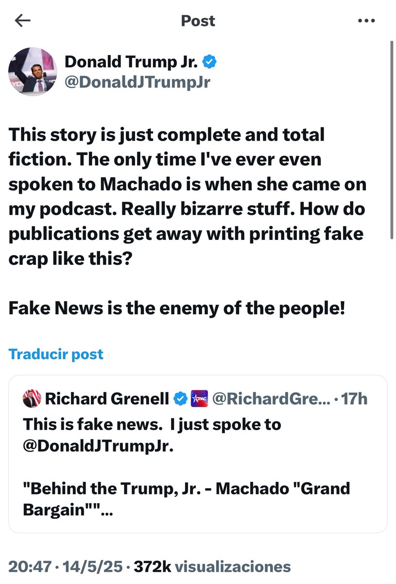 Richard Grenell y Trump Jr reaccionan en X tras un artículo titulado “Detrás del ‘Gran Acuerdo’ entre Trump Jr. y Machado”

Trump Jr. dijo tajantemente: “Esta historia es completamente y totalmente ficticia. La única vez que siquiera he hablado con Machado fue cuando vino a mi