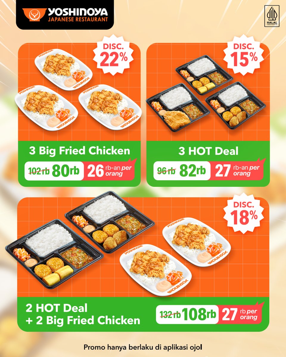 MAGER TAPI LAPER?

Tenang, promo ojol dari Yoshinoya siap jadi penyelamat. Pas banget buat yang lagi mager gerak tapi pengen makan enak rame-rame.

Yukorder lewat aplikasi ojol favorit kamu! Tersedia di GoFood, GrabFood &amp; ShopeeFood

#YoshinoyaIndonesia #Promo