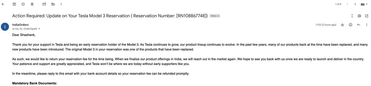 Had pre-ordered Tesla 9 years ago (2016), after <a href="/elonmusk/">Elon Musk</a> tweeted Tesla would come to India. Now after waiting for so long, the pre-order has been cancelled. 

Will now need to plan for the next electric vehicle.