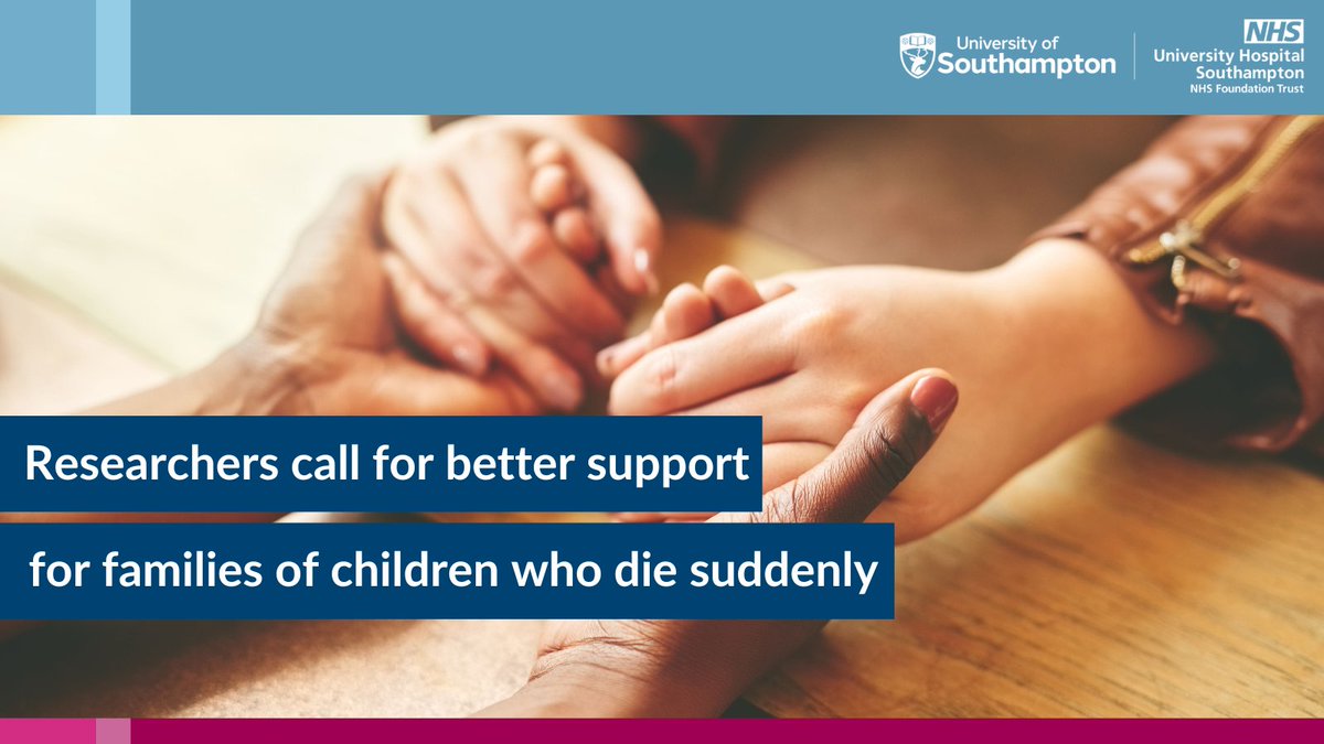 Health Research | Southampton (@uhsftresearch) on Twitter photo Researchers from <a href="/unisouthampton/">University of Southampton</a> are highlighting an urgent need for better support for families of children who die suddenly.
The team have been awarded £1.2m from <a href="/NIHRresearch/">National Institute for Health and Care Research</a> to develop recommendations to help those facing such a loss.
Read more: research.uhs.nhs.uk/news/researche… Researchers from <a href="/unisouthampton/">University of Southampton</a> are highlighting an urgent need for better support for families of children who die suddenly.
The team have been awarded £1.2m from <a href="/NIHRresearch/">National Institute for Health and Care Research</a> to develop recommendations to help those facing such a loss.
Read more: research.uhs.nhs.uk/news/researche…
