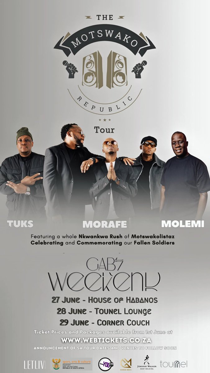 Tickets will be available from the 1st June. #themotswakorepublictour #motswako