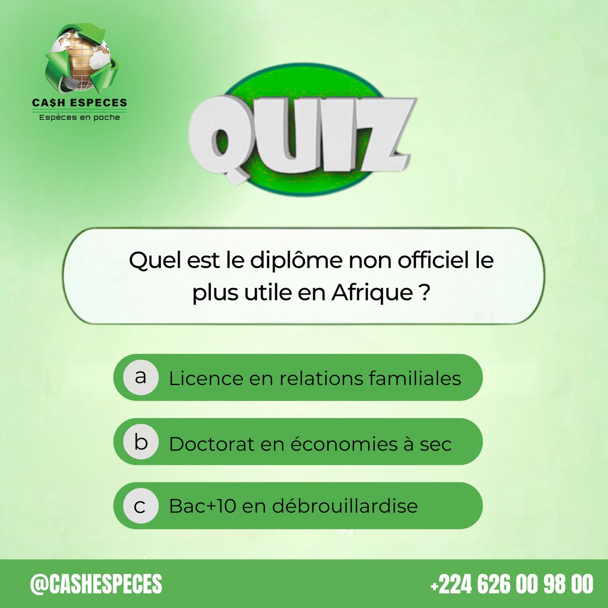 CashEspeces's tweet photo. Nous avons tous un diplôme non officiel qui nous aide à survivre chaque jour
Et chez nous , on comprend ça mieux que personne.
#CashEspeces #TransfertDargent #ChangeDevises #Guinée https://t.co/14MIJDeIzd