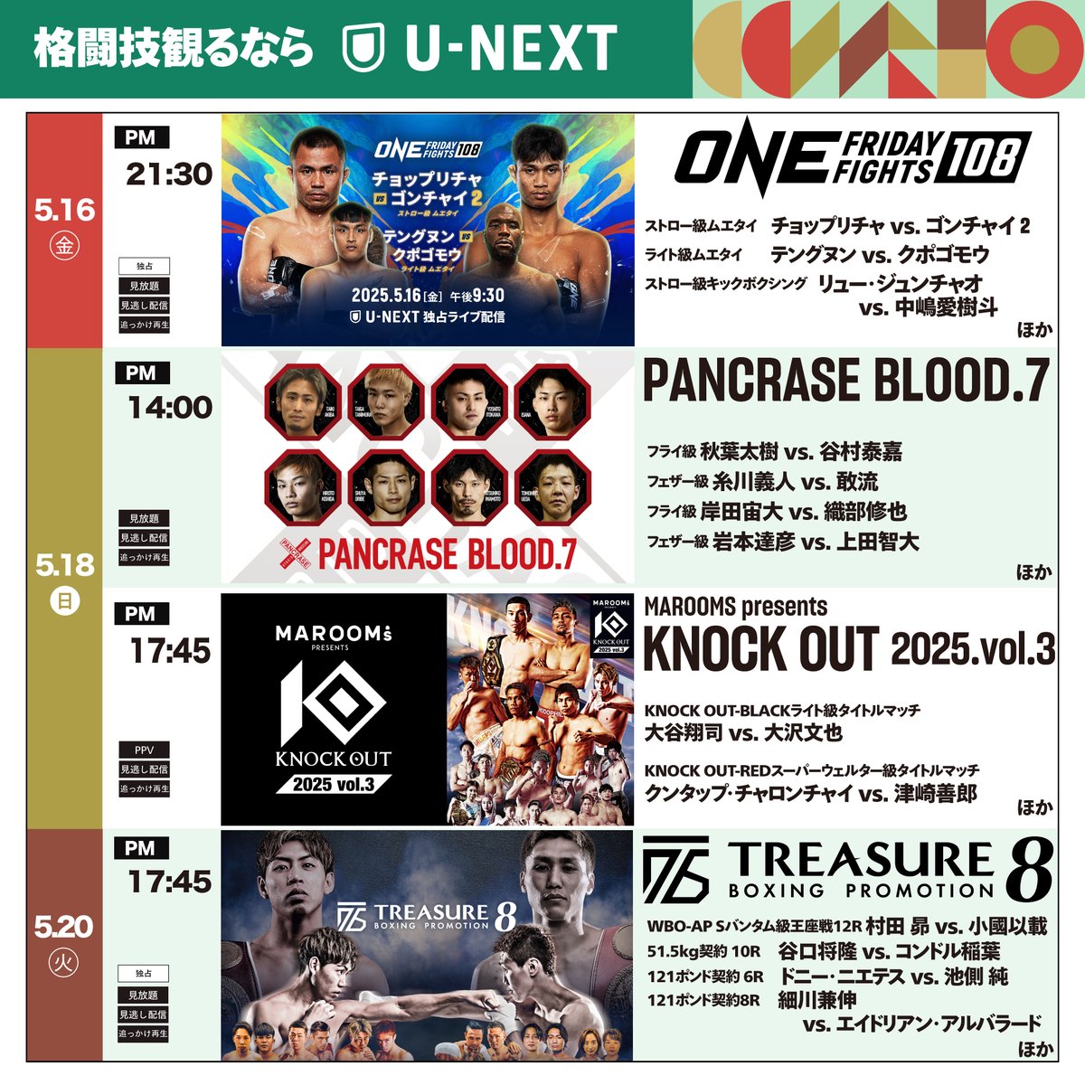 ꉂ📡ライブ配信【5.16㊎-20㊋】
━━━━━📅5月16日㊎━━━━━
🕤9:30㏘
📡#ONEFridayFights108
🔗video.unext.jp/livedetail/LIV…
🥊ｽﾄﾛｰ級ﾑｴﾀｲ
チョップリチャ 🆚 ゴンチャイ 2️⃣
🥊ﾗｲﾄ級ﾑｴﾀｲ
テングヌン 🆚 クポゴモウ
🥊ｽﾄﾛｰ級ｷｯｸﾎﾞｸｼﾝｸﾞ
リュー・ジュンチャオ 🆚