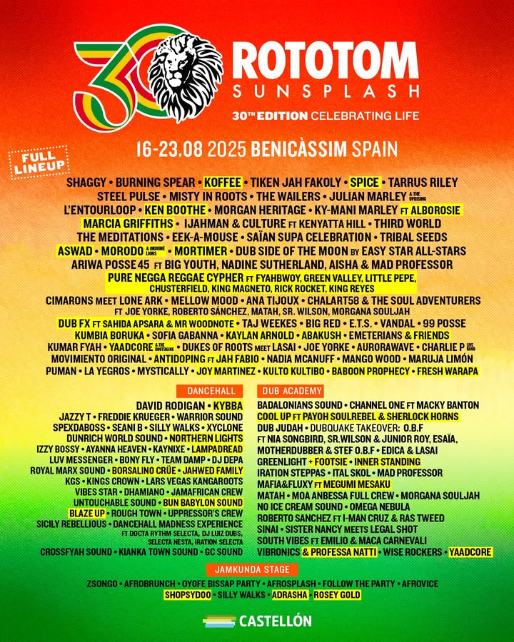 Rototom Sunsplash es (@sunsplash_es) on Twitter photo 💥¡El cartel completo de nuestra 30ª edición ya está aquí! 🤩Mira las nuevas confirmaciones <a href="/originalkoffee/">Original Koffee</a> <a href="/spiceofficial/">Spice 👸🏾🇯🇲</a> <a href="/Alborosie/">ALBOROSIE</a>
📲Info y tickets:
bit.ly/431WHzg?utm_so…
#rototomsunsplash #festival #lineup #reggae #dub #dancehall #afrobeats #livemusic #benicàssim 💥¡El cartel completo de nuestra 30ª edición ya está aquí! 🤩Mira las nuevas confirmaciones <a href="/originalkoffee/">Original Koffee</a> <a href="/spiceofficial/">Spice 👸🏾🇯🇲</a> <a href="/Alborosie/">ALBOROSIE</a>
📲Info y tickets:
bit.ly/431WHzg?utm_so…
#rototomsunsplash #festival #lineup #reggae #dub #dancehall #afrobeats #livemusic #benicàssim
