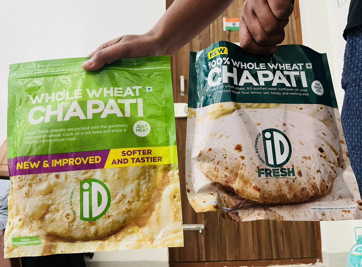 Md__Tausif's tweet photo. @IDFreshFood I bought your 100% Whole Wheat Chapati (darker pack) from a local store and the Whole Wheat Chapati (lighter green pack) online. Both look different and taste completely different too. Can you confirm which one is the original? https://t.co/CGaOO9pHsc