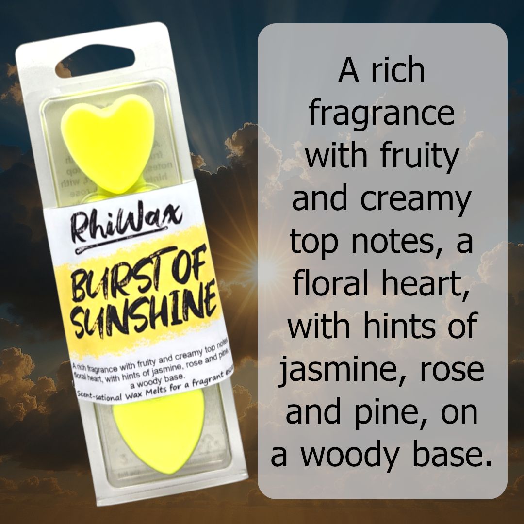 A burst of Sunshine is the perfect accompaniment for this weekends weather ☀️

A rich fragrance with fruity and creamy top notes, a floral heart, with hints of jasmine, rose and pine all on a woody base. 

rhiwax.co.uk

#waxmelts #Sunshine #Summer #sun