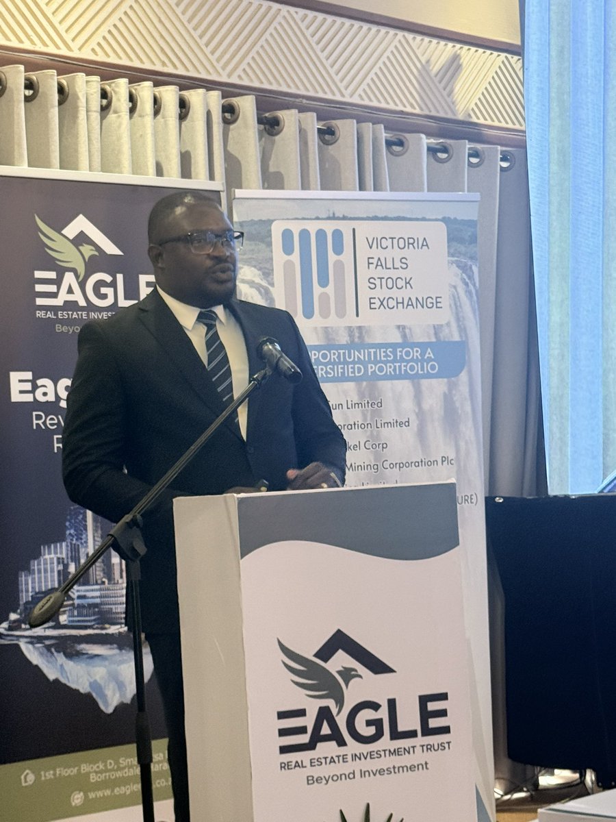Bevin Ngara at the official listing of the Eagle REIT on the <a href="/VFEX_ZW/">Victoria Falls Stock Exchange</a> . First one on the bourse. A combination of retail, hospitals, hotels and residential housing in Mazoe and Victoria Falls. Second biggest raise of ~$25m and with a target of $62m