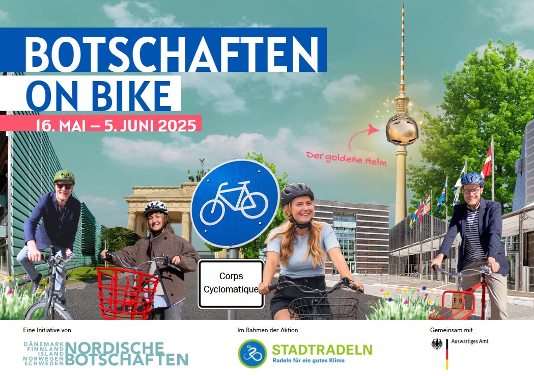 Swebotschaft's tweet photo. #BotschaftenOnBike
Die Botschaften in Berlin starten wieder durch – denn es ist wieder Zeit für @STADTRADELN! 
Kann @BotschaftEstBer den Titel verteidigen oder muss der Goldene Helm weitergereicht werden? 🏅🚲
Fiebert mit, feuert uns an - oder tretet selbst auch in die Pedale! https://t.co/C9V1FtbwgK