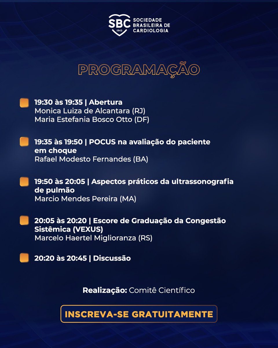 🌐 Participe do Webinar da SBC: *Ultrassom Point of Care para o Cardiologista*
📅 Terça-feira (20/05)
⏰ Horário: 19h30
💻 Inscrições gratuitas: sbc.iweventos.com.br/evento/webinar…

Não perca essa oportunidade de aprimorar seus conhecimentos e se conectar com especialistas da área. Esperamos