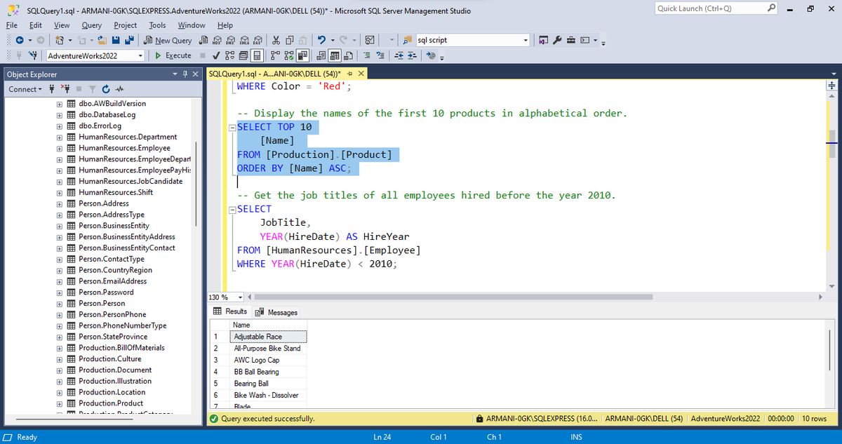 armani0GK's tweet image. Practicing SQL basics with the AdventureWorks2022 database today:

SELECT

WHERE

ORDER BY

TOP

It’s amazing how much insight you can uncover with just the fundamentals.
#SQL #100DaysOfSQL #datafam #DataAnalytics #LearnSQL #AdventureWorks