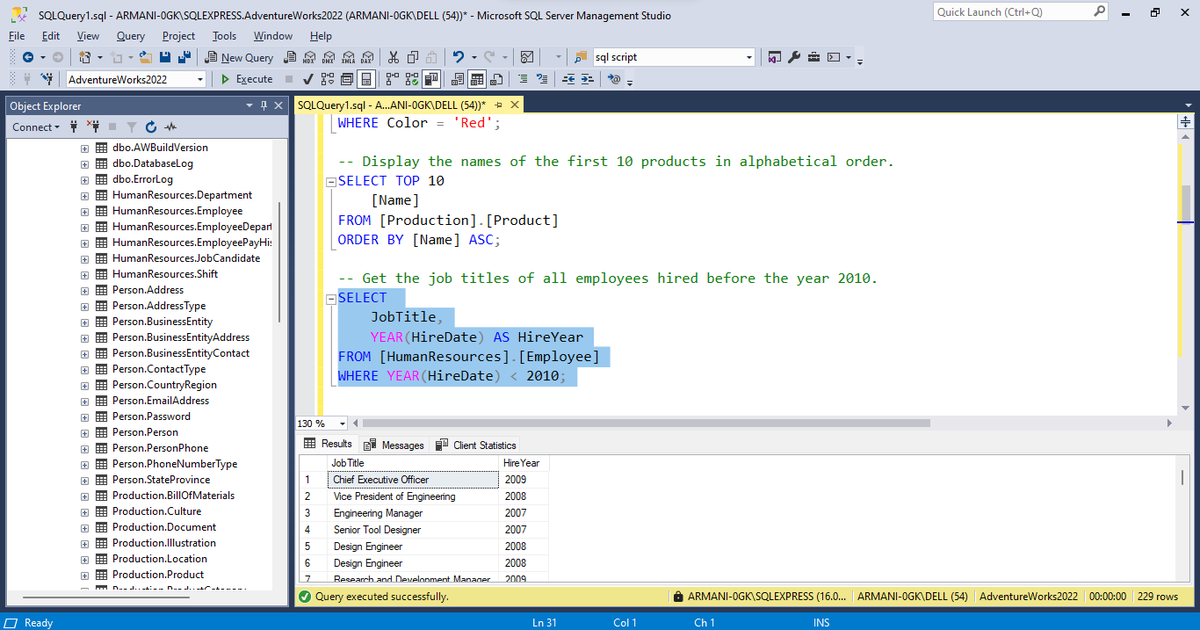 armani0GK's tweet image. Practicing SQL basics with the AdventureWorks2022 database today:

SELECT

WHERE

ORDER BY

TOP

It’s amazing how much insight you can uncover with just the fundamentals.
#SQL #100DaysOfSQL #datafam #DataAnalytics #LearnSQL #AdventureWorks