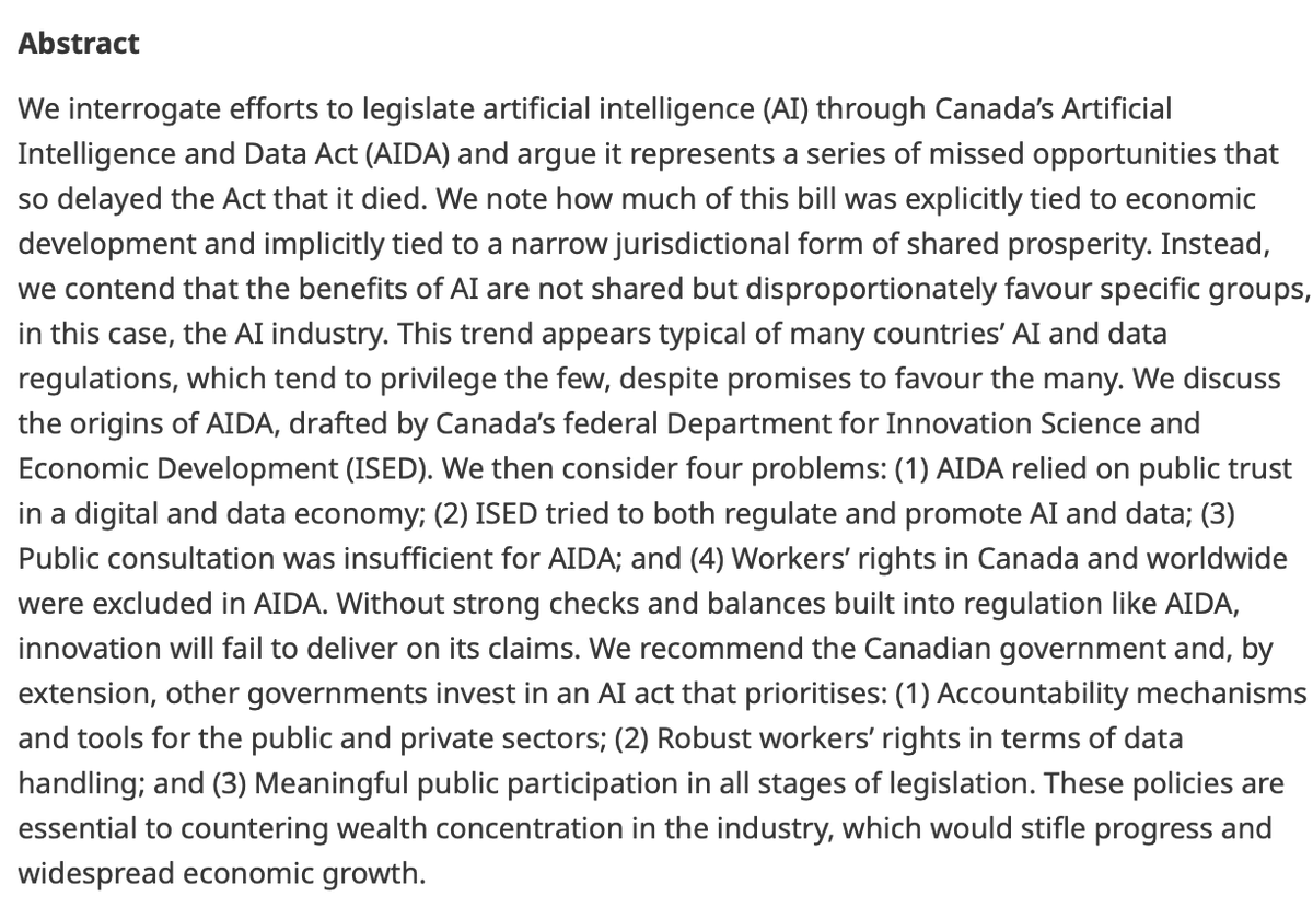 Data & Policy (@data_and_policy) on Twitter photo Recently published article!
Missed opportunities in AI regulation: lessons from Canada’s AI and data act
👉 bit.ly/3S3Yxt7
By <a href="/anabrandusescu/">Ana Brandusescu</a> and Renée E. Sieber (<a href="/mcgillgeography/">McGill Department of Geography</a>)
#ArtificialIntelligence #AI #IntellectualProperty #government Recently published article!
Missed opportunities in AI regulation: lessons from Canada’s AI and data act
👉 bit.ly/3S3Yxt7
By <a href="/anabrandusescu/">Ana Brandusescu</a> and Renée E. Sieber (<a href="/mcgillgeography/">McGill Department of Geography</a>)
#ArtificialIntelligence #AI #IntellectualProperty #government