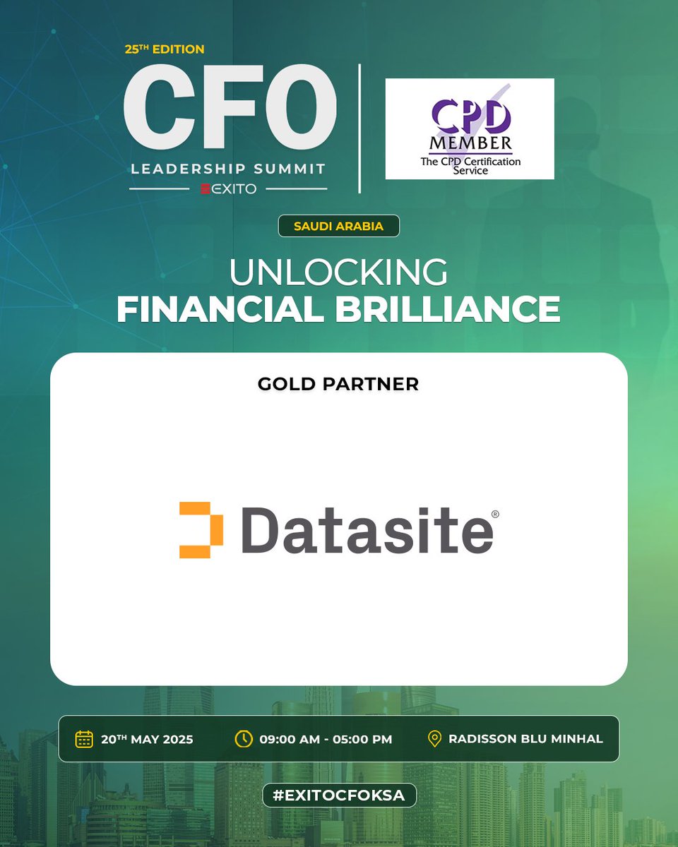 ✨ We’re absolutely privileged to introduce <a href="/DatasiteGlobal/">Datasite</a> as our 𝐆𝐨𝐥𝐝 𝐏𝐚𝐫𝐭𝐧𝐞𝐫 for the 𝟐𝟓𝐭𝐡 𝐄𝐝𝐢𝐭𝐢𝐨𝐧 of the CFO Leadership Summit — an exclusive convergence of financial leadership set to take place in Riyadh, Saudi Arabia. 🇸🇦

#EXITOCFOKSA