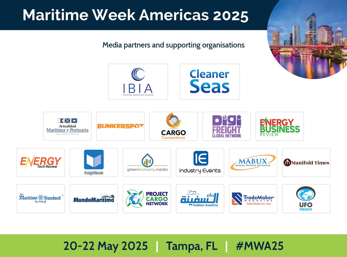 Petrospot (@petrospot) on Twitter photo Thank you to our MEDIA PARTNERS for helping us to promote Maritime Week Americas starting next week in Tampa.
<a href="/ActualidadMP/">Actualidad Maritima</a>
<a href="/Bunkerspot/">Bunkerspot</a>
@CargoConnections
Cleaner Seas
DigiFreight Global Network
<a href="/EnergyBusiness4/">Energy Business Review</a>
<a href="/energytechreviw/">Energy Tech Review</a>
Freightbook
<a href="/GreeneconomyM/">GreenEconomy.Media</a>
#MWA25 #Tampa Thank you to our MEDIA PARTNERS for helping us to promote Maritime Week Americas starting next week in Tampa.
<a href="/ActualidadMP/">Actualidad Maritima</a>
<a href="/Bunkerspot/">Bunkerspot</a>
@CargoConnections
Cleaner Seas
DigiFreight Global Network
<a href="/EnergyBusiness4/">Energy Business Review</a>
<a href="/energytechreviw/">Energy Tech Review</a>
Freightbook
<a href="/GreeneconomyM/">GreenEconomy.Media</a>
#MWA25 #Tampa
