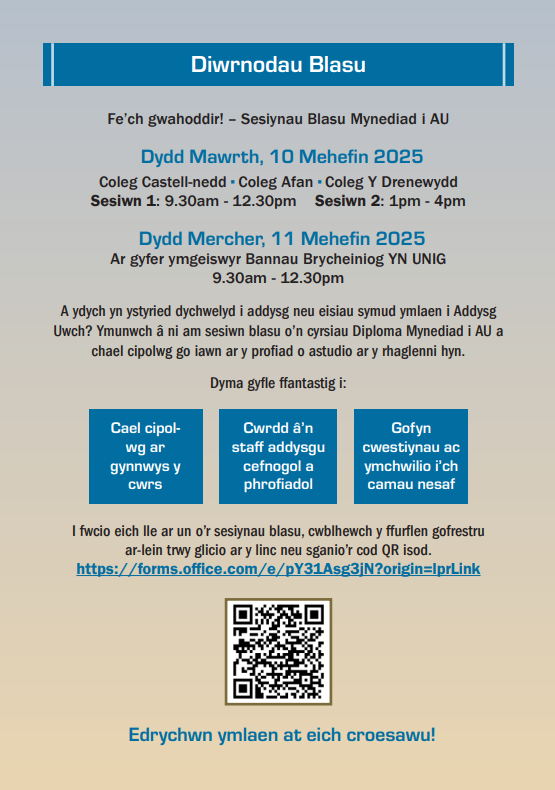 Yn ystyried dychwelyd i addysg neu symud i Addysg Uwch?
Ymunwch â Sesiwn Ragflas Mynediad i AU i weld sut beth yw ein cyrsiau diploma!
Archebwch eich lle nawr forms.office.com/e/pY31Asg3jN?o…