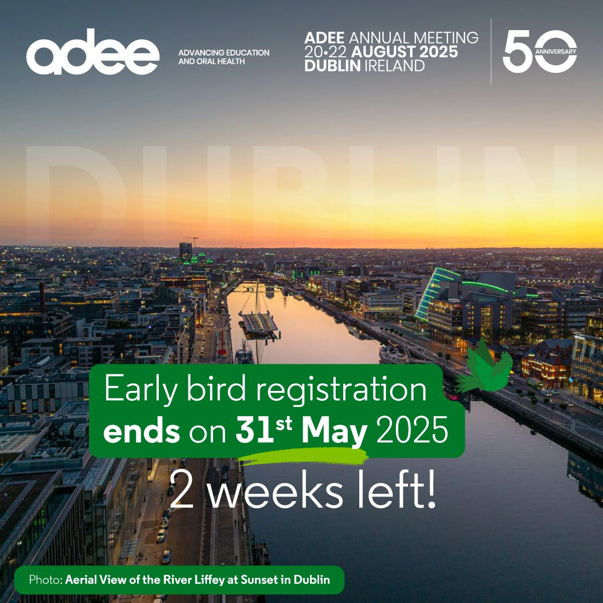 The countdown is on, just 2 weeks left to grab your Early Bird ticket! Join us in Dublin, 20-22 August 2025 as we celebrate #adee50!
Register now: adee.org/annual-meeting…

#adee2025 #Dublin2025 #adeeAnnualMeeting #adee50yearsYears #DentalEducation #EarlyBirdReminder #adee50