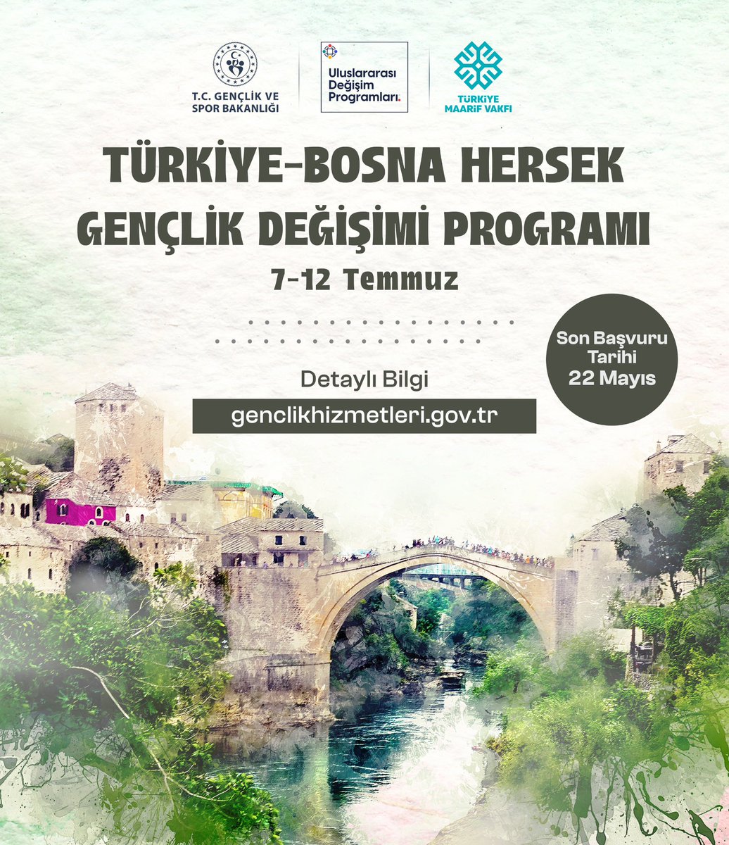 Türkiye - Bosna Hersek Gençlik Değişimi Başvuruları Başladı! 🇹🇷🇧🇦

Bosna Hersek'te Saraybosna şehir turu, Mostar Köprüsü ziyareti, Tarihi Başçarşı gezisi gibi önemli kültürel ziyaretlerin yanı sıra, gençler 11 Temmuz’da düzenlenecek Srebrenitsa Soykırımını Anma Programına da