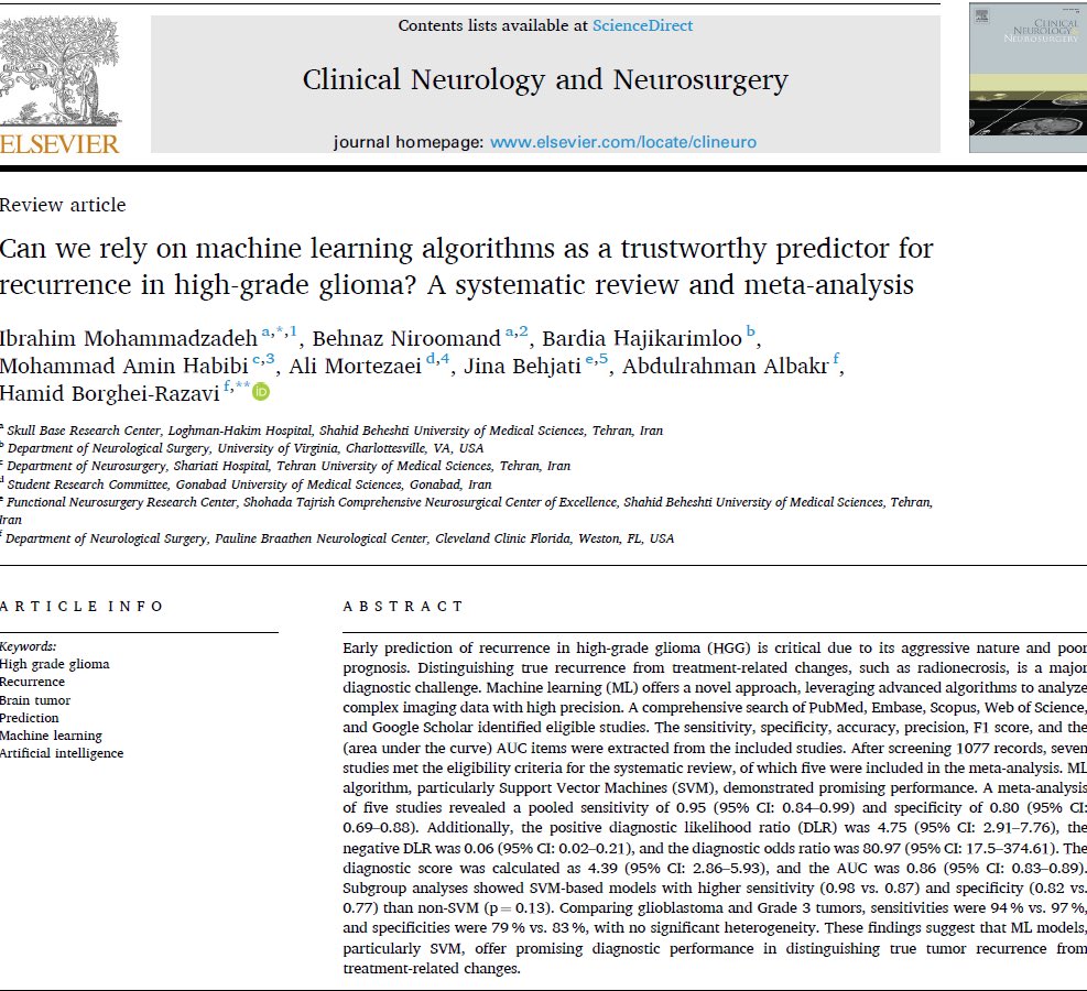 Ibrahim Mohammadzadeh (@ibrahim__mdz) on Twitter photo Our latest paper is out in Clinical Neurology & Neurosurgery
We conducted a meta analysis on ML models predicting recurrence in HGG.
Huge thanks to <a href="/BorgheiRazaviMD/">Hamid Borghei-Razavi, MD, FACS</a> for his constant mentorship, and to my co-authors, esp. <a href="/Bardii47/">Bardia Hajikarimloo, M.D</a> & <a href="/AliMortezaei97/">Ali Mortezaei</a> doi.org/10.1016j.cline… Our latest paper is out in Clinical Neurology & Neurosurgery
We conducted a meta analysis on ML models predicting recurrence in HGG.
Huge thanks to <a href="/BorgheiRazaviMD/">Hamid Borghei-Razavi, MD, FACS</a> for his constant mentorship, and to my co-authors, esp. <a href="/Bardii47/">Bardia Hajikarimloo, M.D</a> & <a href="/AliMortezaei97/">Ali Mortezaei</a> doi.org/10.1016j.cline…