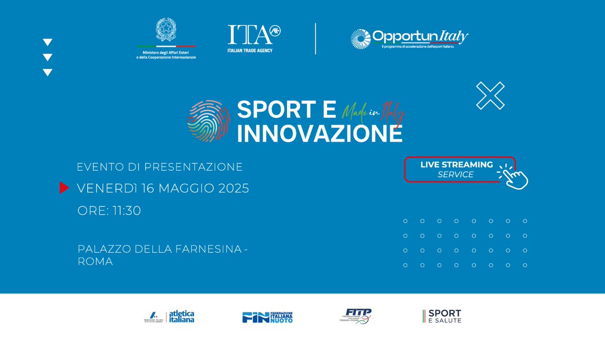 📹Il Ministro <a href="/Antonio_Tajani/">Antonio Tajani</a> e il Ministro per lo Sport e i Giovani <a href="/andreaabodi/">Andrea Abodi</a> aprono la seconda edizione del progetto “Sport e Innovazione Made in Italy”, iniziativa di #diplomaziadellosport che promuove le eccellenze🇮🇹 nel mondo. Segui la diretta⬇️
youtube.com/live/vPjKMqm-u…