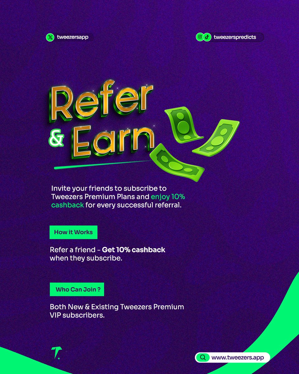 tweezersapp's tweet photo. Put your crew on and cash out.
Get 10% back for every friend who joins Tweezers Premium through your referral.
It’s simple: refer, they subscribe, you earn.

✅ Like this if you rate smart deals
✅ Follow @tweezerspredicts (IG/TikTok) | @tweezersapp (Twitter/X)
✅ Share this with your football fam
✅ Visit https://t.co/XFLTPZBQ1z and start earning

#ReferAndEarn #TweezersPredicts #SmartFootballCommunity #CashbackAlert #FootballTipsNG #NaijaSmartEarners #PredictionFam #TeamWorkWins #TweezersApp #FootballReferralDeal