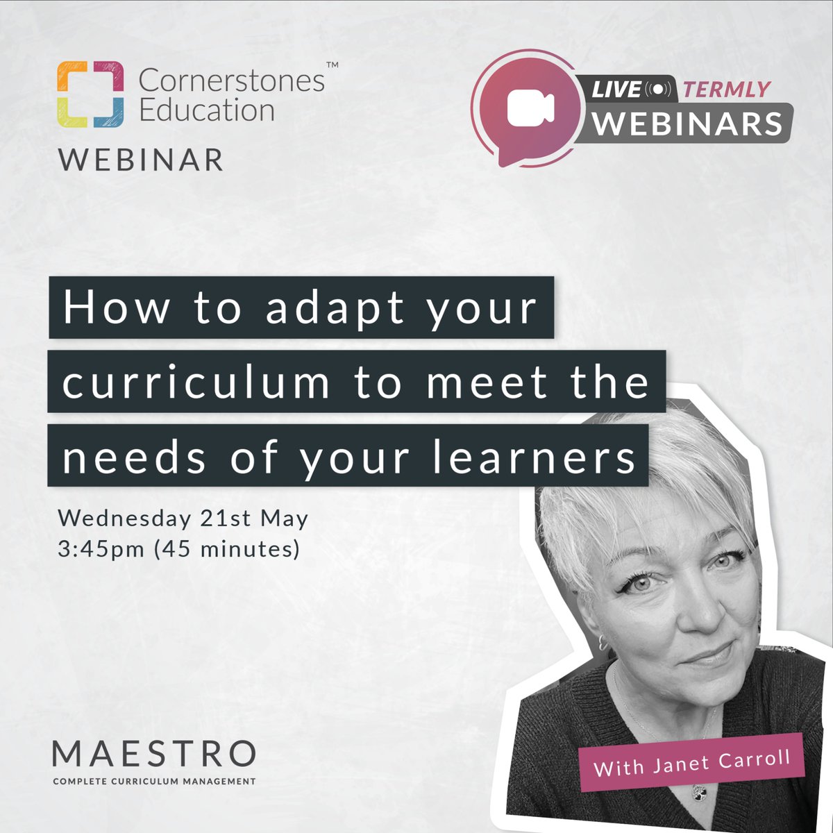 Join Janet Carroll as she explores how you can adapt your curriculum to meet the needs of your learners.

In this webinar you will discover:
🔍 How cognitive science and pedagogy in the Cornerstones Curriculum boost knowledge retention
🛠️ How to adapt lessons, projects, and