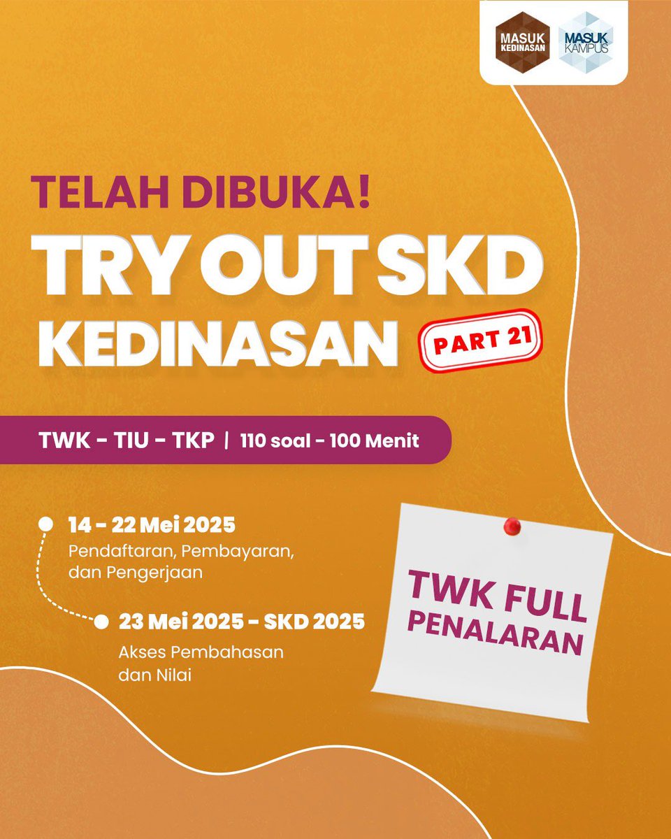 masukkampus's tweet photo. [PENDAFTARAN SEKDIN SEMAKIN DEKAT, LATIHAN SKD SEKARANG DI TO SKD PART 21!]

- Full penalaran
- Sistem Computer Assisted Test (CAT)
- Simulasi SKD seperti sungguhan

Jangan mau kalah dari yang lain, daftar Try Out sekarang di https://t.co/UfooGqyG0R yaa!

#tryoutskd #skd #kedinasan #sekolahkedinasan #masukkampus
