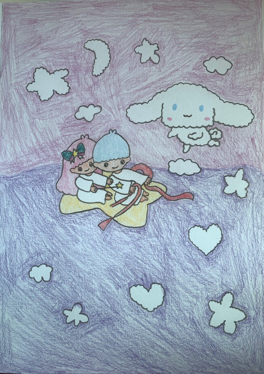 nika_drawing_'s tweet photo. Just Little Twin Stars flying in the sky seeing some clouds which made of stars / hearts shapes and seeing cinnamoroll shapes too~

#drawing #cartoon
Done on #16May2025

Done By : #ahkneecar https://t.co/KqfOW0lWOy