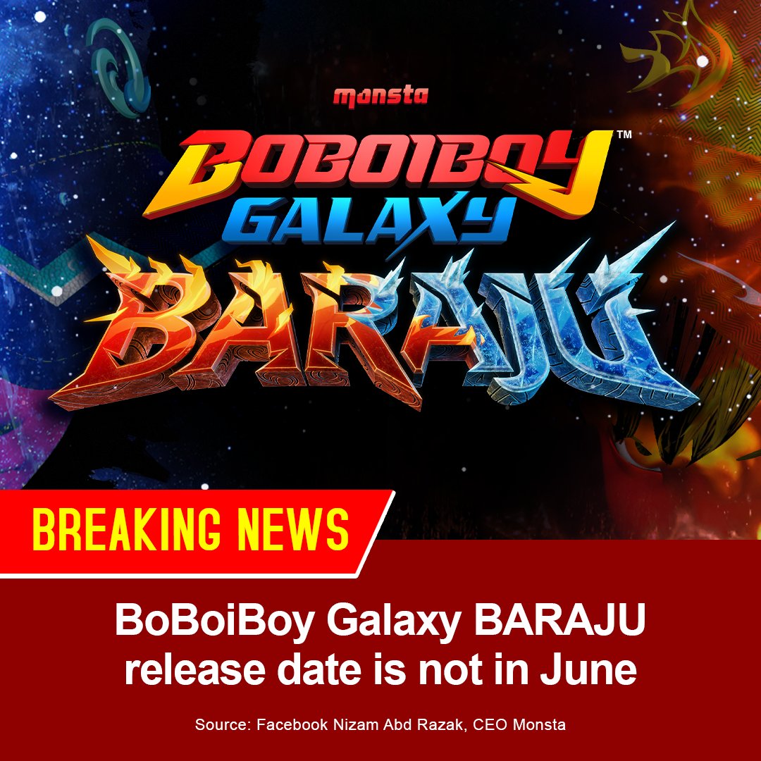 themonstastudio's tweet photo. #MONSTA Update: We’d like to share that #BoBoiBoy Galaxy Baraju won’t be airing this June 2025. 

Production is still going strong! With a few hiccups along the way😅 We’re still aiming to release it within this year, as promised!

Thank you so much to all our fans for sticking with us. Please accept a little gift from us, a first look at our brand new official logo for #BARAJU! ⚡