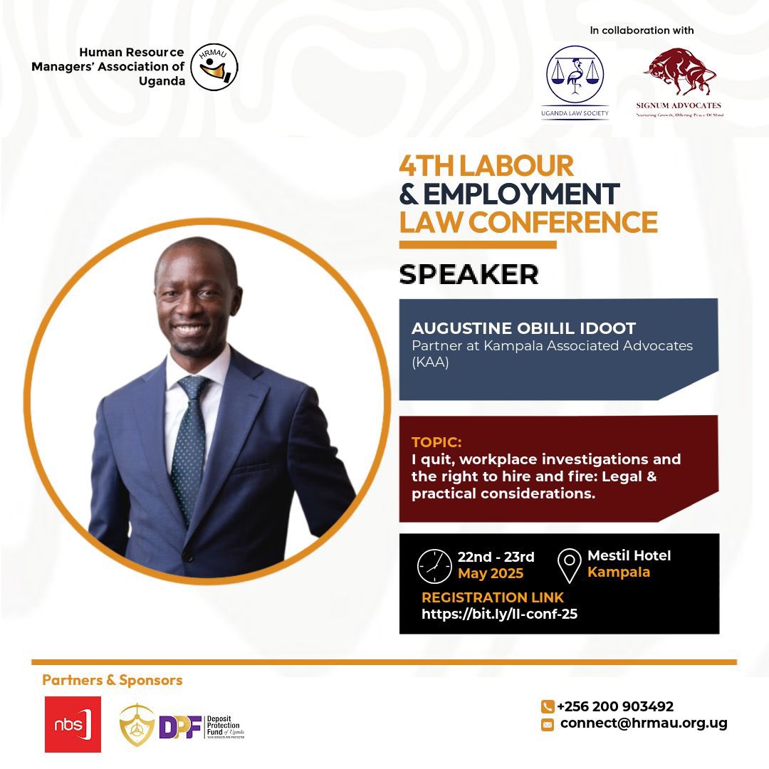 Jordan Tumwesigye (@jtumwesigye) on Twitter photo In case you missed it, <a href="/Signumadvocates/">Signum Advocates</a> in partnership with <a href="/ug_lawsociety/">Uganda Law Society</a> & <a href="/hrmauofficial/">HRMAU</a> is organising the 4th edition of the Labour & Employment Law Conference.
#LabourLawConference2025 will take place on 22 & 23 May 2025
To register, use forms.gle/kyRfWKhXtsQZYT… In case you missed it, <a href="/Signumadvocates/">Signum Advocates</a> in partnership with <a href="/ug_lawsociety/">Uganda Law Society</a> & <a href="/hrmauofficial/">HRMAU</a> is organising the 4th edition of the Labour & Employment Law Conference.
#LabourLawConference2025 will take place on 22 & 23 May 2025
To register, use forms.gle/kyRfWKhXtsQZYT…