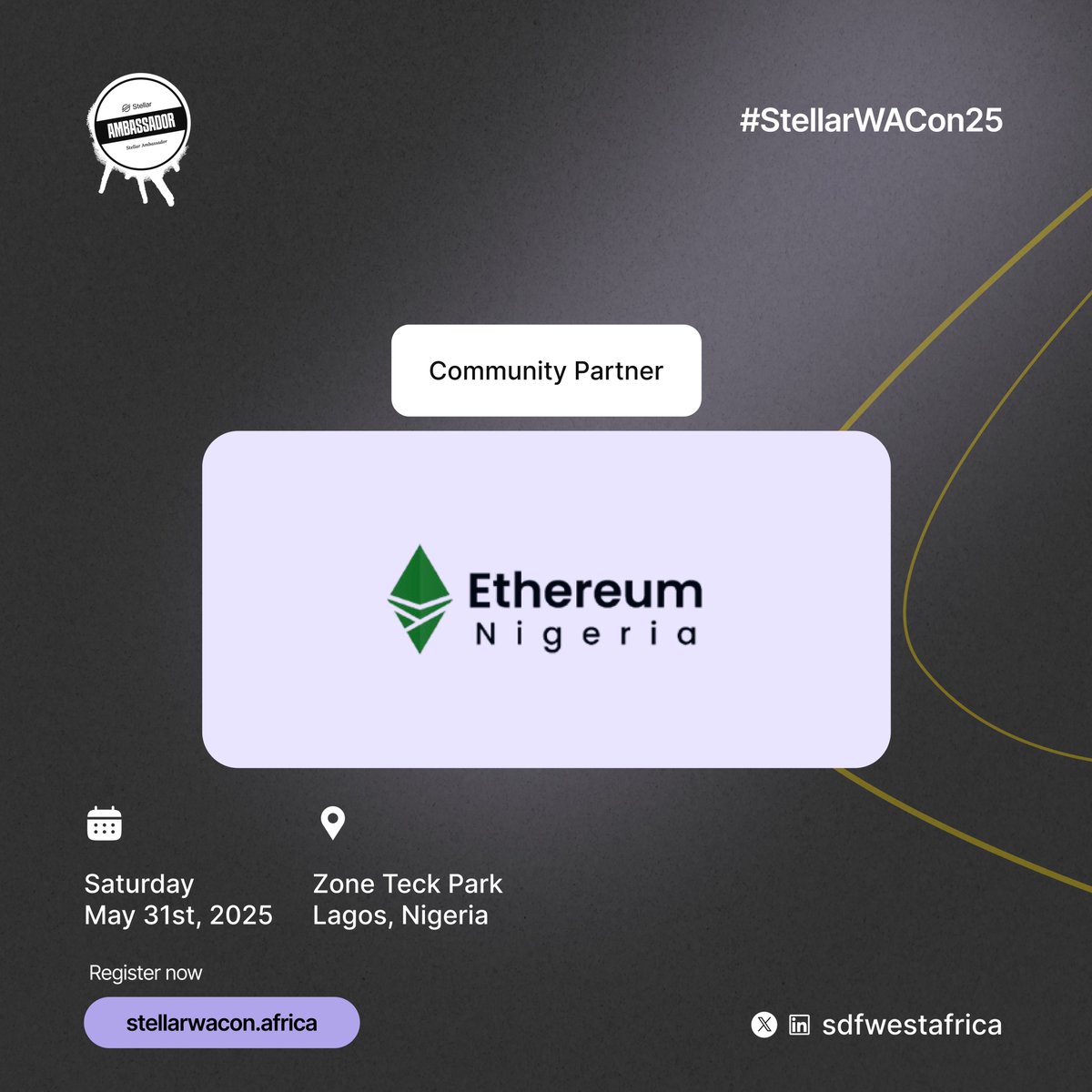 Stellar Africa (@sdfwestafrica) on Twitter photo We’re proud to welcome <a href="/EthereumNigeria/">ETHNIGERIA</a> as a Community Partner for #StellarWACon25! 🎉
ETH Nigeria has been a key driver in fostering Ethereum adoption, education, and developer growth in Nigeria, and we’re proud to have them join us!
We're thrilled to partner with a community We’re proud to welcome <a href="/EthereumNigeria/">ETHNIGERIA</a> as a Community Partner for #StellarWACon25! 🎉
ETH Nigeria has been a key driver in fostering Ethereum adoption, education, and developer growth in Nigeria, and we’re proud to have them join us!
We're thrilled to partner with a community