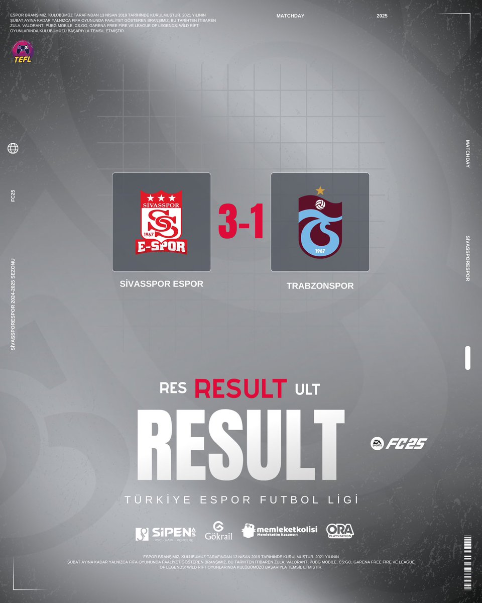 Sivasspor E-Spor (@sivassporespor) on Twitter photo Türkiye Espor Futbol Ligi’nde <a href="/tsespor/">Trabzonspor Espor</a> ile karşılaşan takımımız, rakibini 3-1 mağlup etmeyi başarıyor.
Tebrikler Takım! ♥️🤍 Türkiye Espor Futbol Ligi’nde <a href="/tsespor/">Trabzonspor Espor</a> ile karşılaşan takımımız, rakibini 3-1 mağlup etmeyi başarıyor.
Tebrikler Takım! ♥️🤍