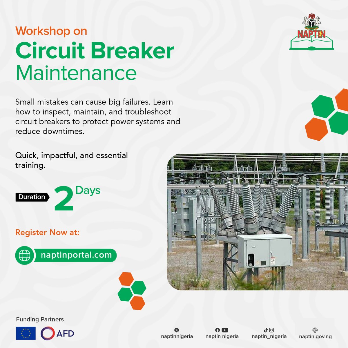 NaptinNigeria's tweet photo. Circuit breaker failures can shut down systems fast.
Join our 2-day Workshop on Circuit Breaker Maintenance and prevent downtime before it happens.
🌐 Register: https://t.co/PR3jXo2F0w
📞 +234 704 711 6355

#NAPTIN #PowerTraining #CircuitBreaker #ElectricalSafety #GridMaintenance https://t.co/lUUnTatOOQ