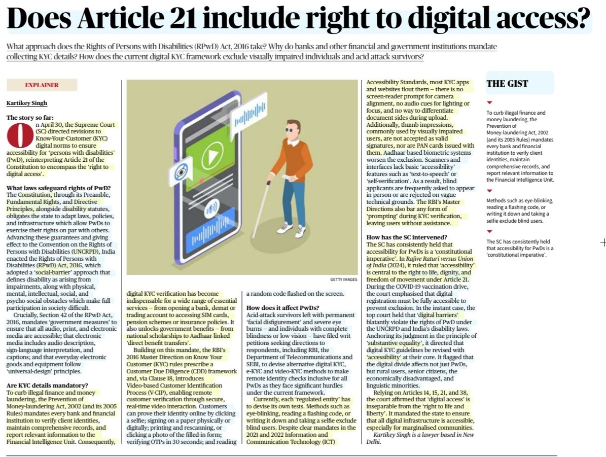 'Does Article 21 include Right to Digital Access'

:Details by Sh Kartikey Singh

#Article21 #RightToLife #Liberty #DigitalAccess #Disabled #Divyang #Constitution #FundamentalRights #DirectivePrinciples #SocialBarrier #DigitalBarrier
#KYC #ekyc
#SubstantiveEquality

#UPSC