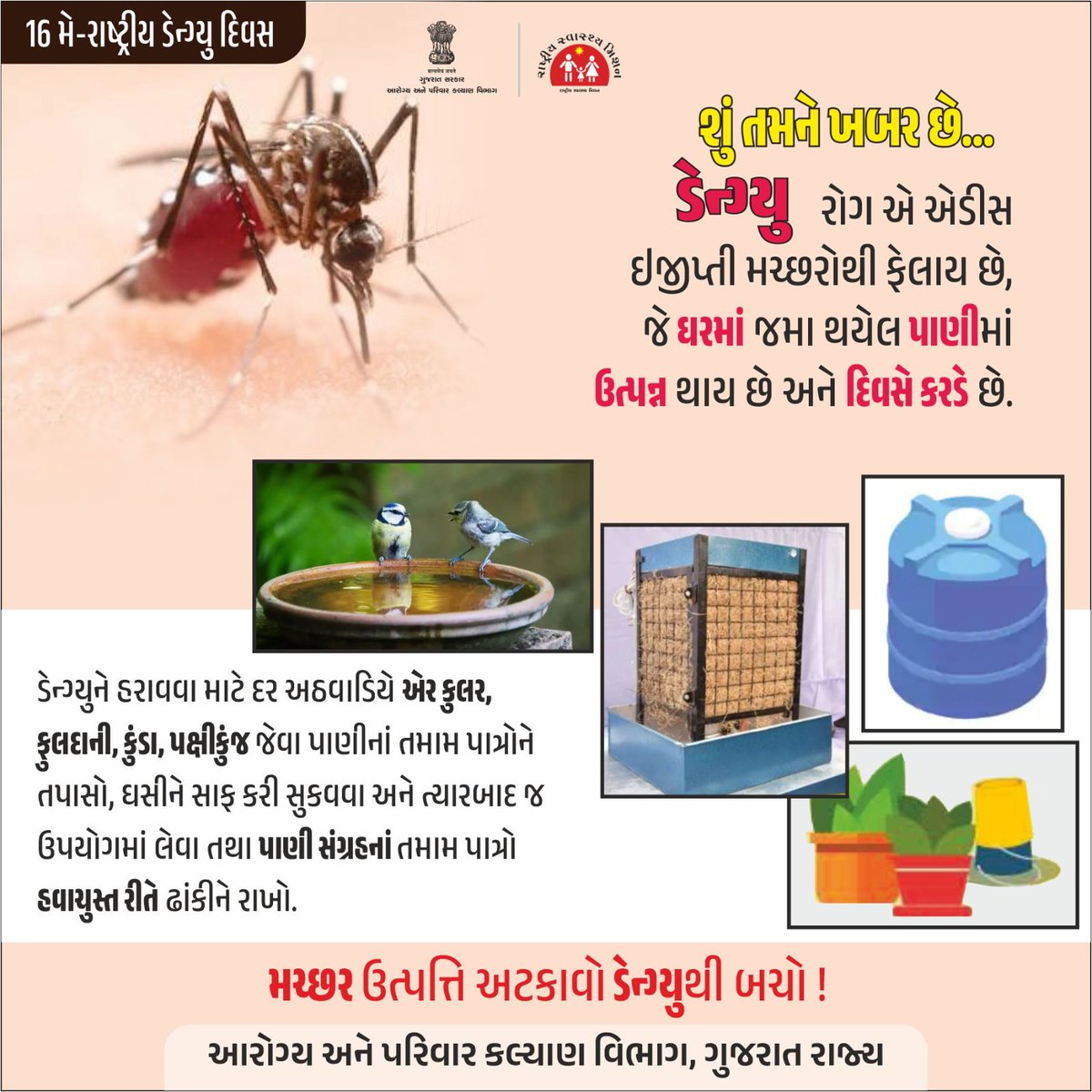 NHMGujarat's tweet photo. ડેન્ગ્યુના મચ્છરની ઉત્પત્તિ અટકાવીએ અને ડેન્ગ્યુથી બચીએ...

#NationalDengueDay #DengueAwareness 
#FightDengue 
#StopDengue 
#DenguePrevention #KillTheMosquito #DengueFreeIndia #BeatDengueTogether 

@CMOGuj
@MoHFW_INDIA 
@JPNadda 
@AnupriyaSPatel 
@irushikeshpatel https://t.co/Wgf9wq5klA