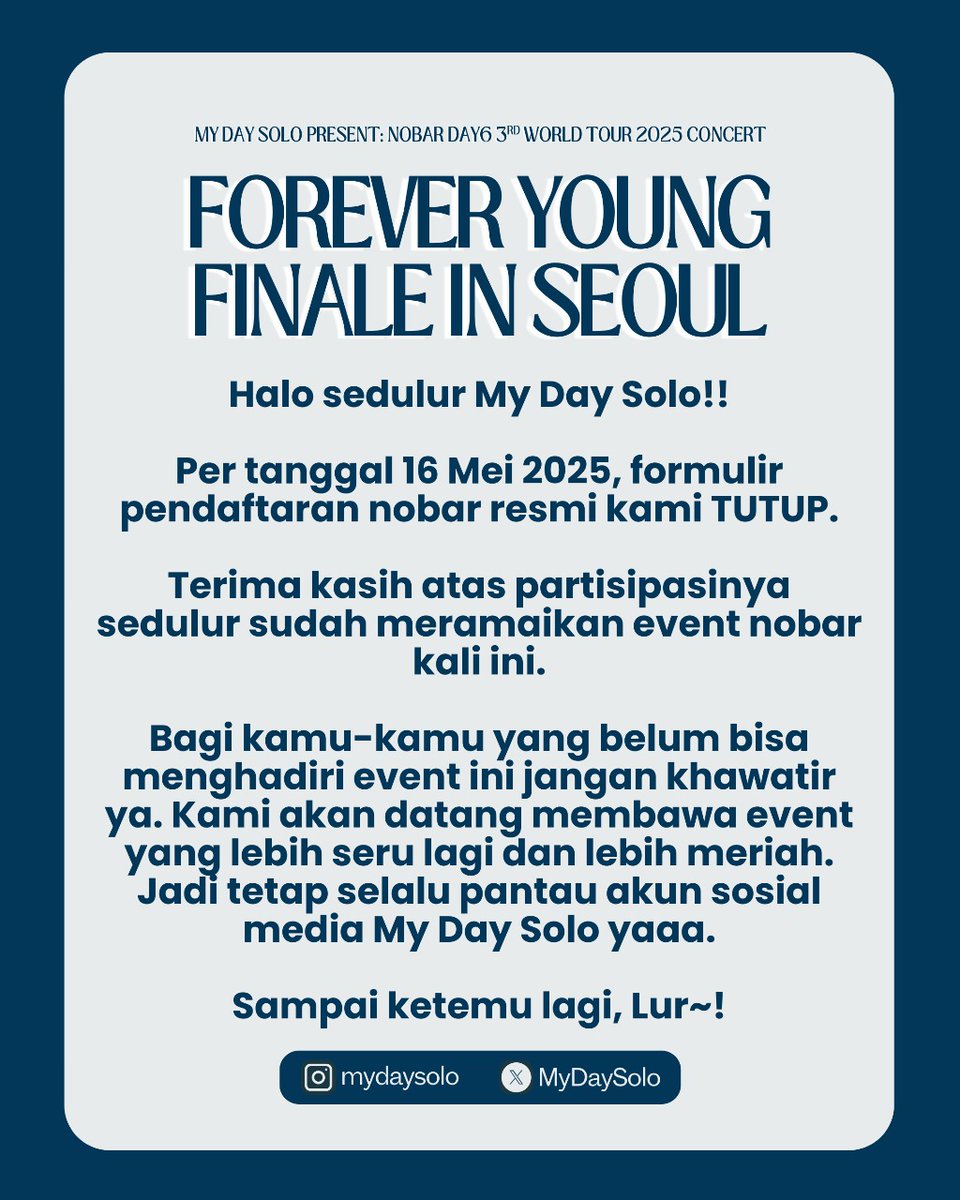 Halo My Day ❤

RSVP Nobar FINALE FY in Seoul x MydaySolo CLOSE yah.. terima kasih utk teman²  yg udah join. Utk update next info akan kami share di GC event yaa🥳

Utk yg blm dapat slot nobar dan pengen goodiesnya..  Kita Open Goodies Only niih 🤩
Tunggu next info~

Thank you🍀