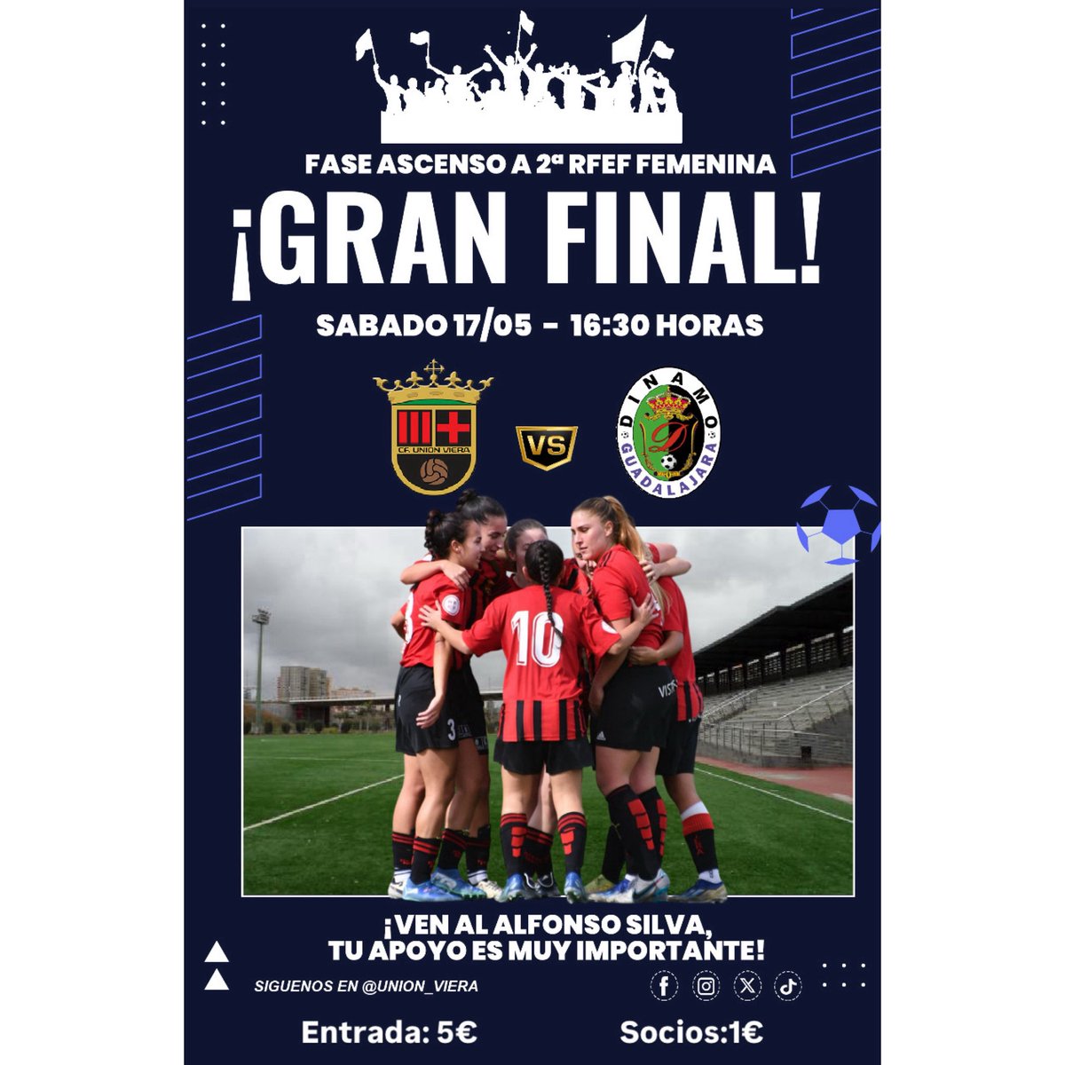 🔴⚫️GRAN FINAL POR EL ASCENSO

Las chicas del Femenino A juegan mañana la gran final por el ascenso a Segunda RFEF donde habrá que remontar el 1-0 de la ida pero con el aliento de nuestra afición todo es posible.

#Temporada24_25
#FutbolFemenino
#ElEquipoDelBarrio
#VamosMiVierita