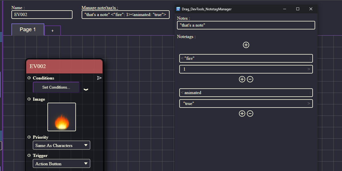 DragAndPlugin's tweet photo. My Visual Event Editor for RPG Maker MV/MZ will include a notetag manager. Easily create and edit your events notetags with a dedicated window rather than using the native editor's tiny input box !

#rpgmaker #rpgmakermv #rpgmakermz https://t.co/5TLXTnJkug