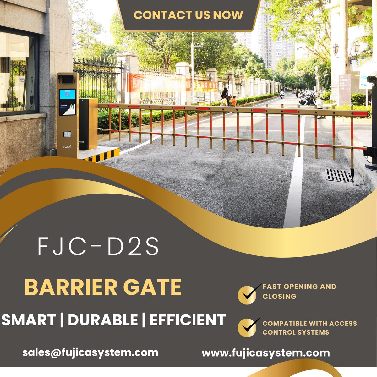 FujicaSyst72814's tweet image. Looking for a barrier gate that combines speed, durability, and a modern look?
The FUJICA SYSTEM FJC-D2S Barrier Gate is widely used at gated communities, business parks, and warehouse entrances. 
#FujicaSystem #BarrierGate #EntranceControl #VehicleAccess