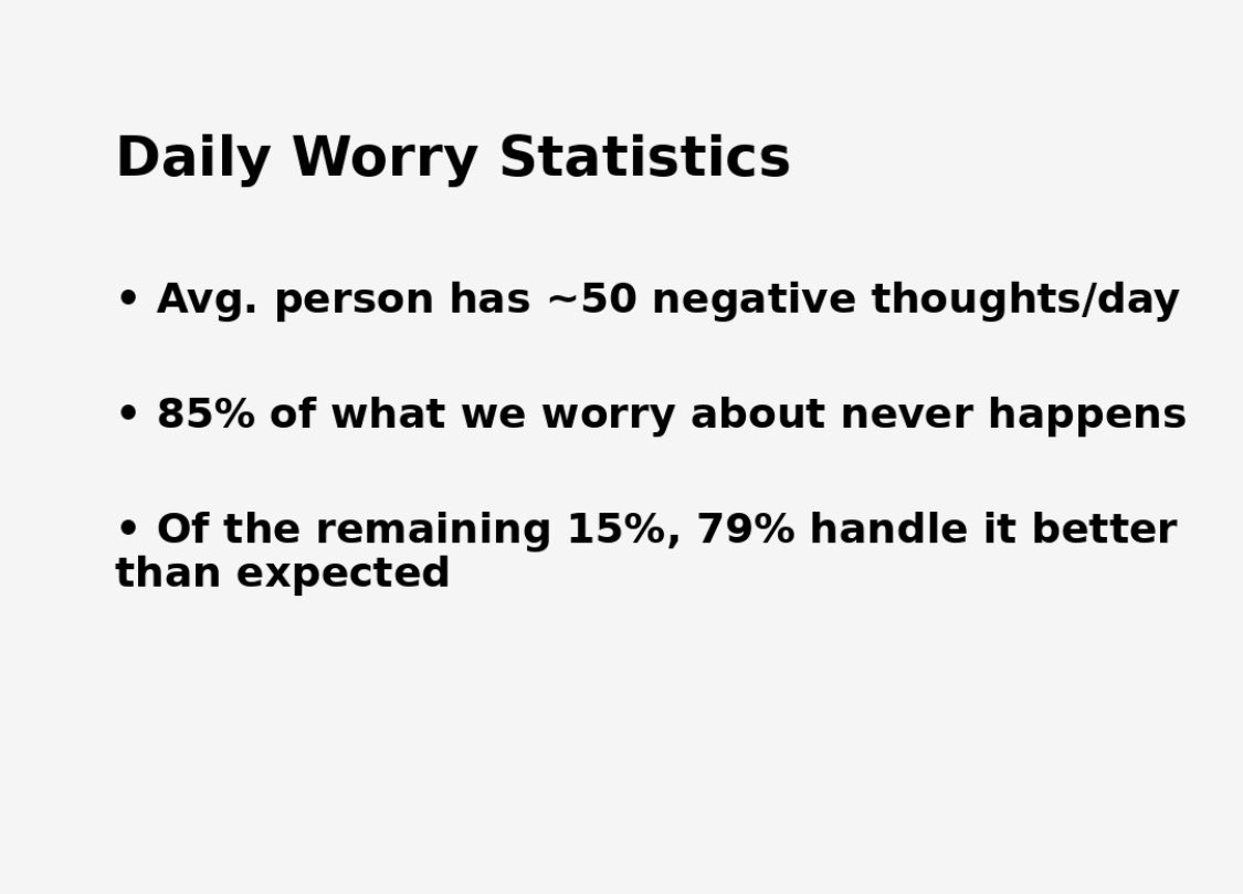 hope_in_now's tweet image. Hope in Numbers #079
The average person worries 50 times a day.
But most of those things… never happen.

We carry storms that never rain.
Pain we never feel.
Fear we never meet.
What if we replaced one worry each day—with a tiny hope?

#DariStats #HopeInNumbers #WorryLess