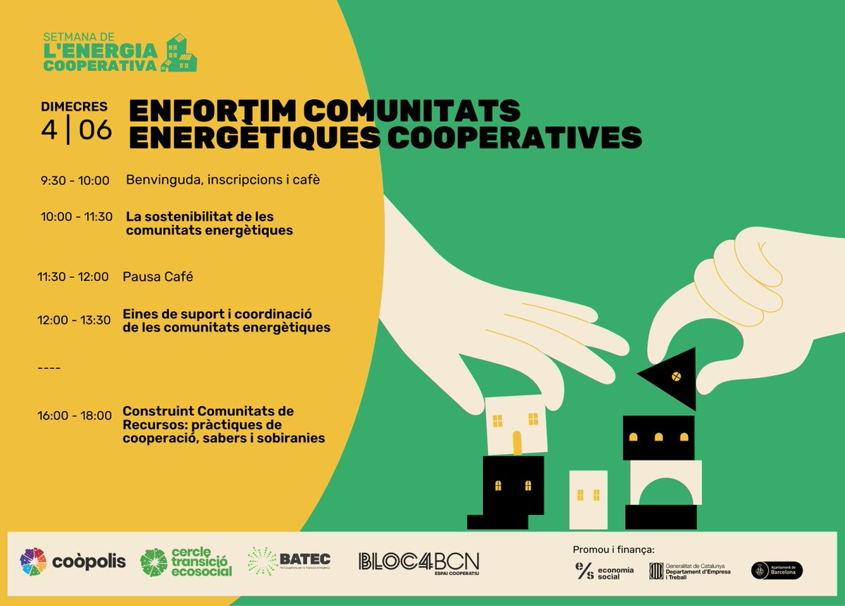 🟢Tot a punt per a la Setmana de l’Energia Cooperativa 2025!  🔋 Ja tenim programa!  ⚡️

Enguany aprofundim:
 -Col·laboració público-cooperativa
 -Lideratge de PIMES
 -Reptes urbans i agraris
 -Comunitats energètiques i eines de gestió
📅Consulta'l aquí 👉 goo.su/Nlkmer