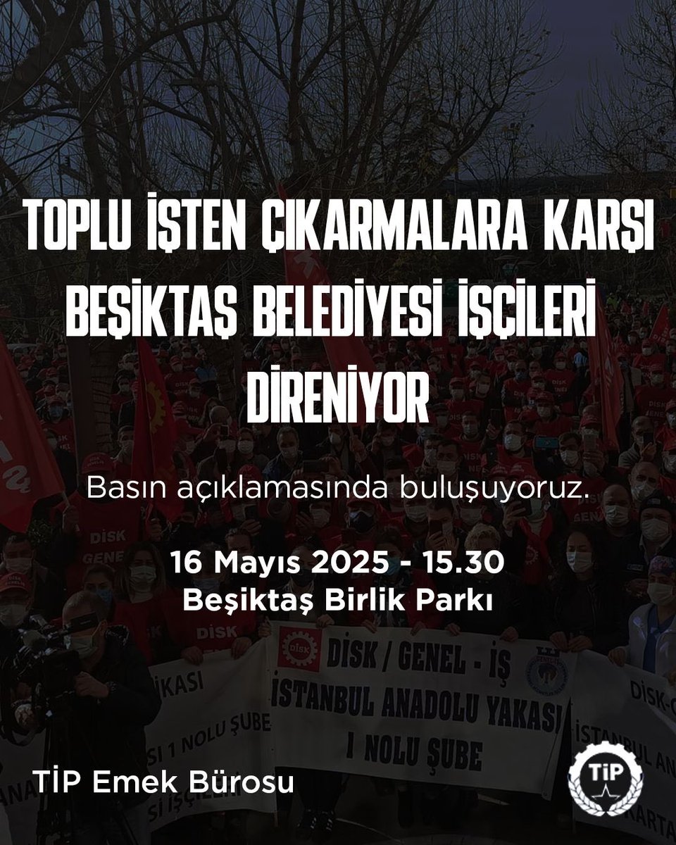 TİP Emek (@tipemek) on Twitter photo Beşiktaş Belediyesi işçilerinin, haksız kodlarla toplu olarak işten çıkarılmalarına karşı yaptıkları basın açıklamasına, Beşiktaş İlçe Örgütümüz (<a href="/tipbesiktas/">Türkiye İşçi Partisi Beşiktaş İlçe Örgütü</a>) ile katılacağız.
İşçiler, uğradıkları haksızlığa ve sendikaları DİSK Genel-İş'in sessizliğine tepki gösteriyor.
Haklı Beşiktaş Belediyesi işçilerinin, haksız kodlarla toplu olarak işten çıkarılmalarına karşı yaptıkları basın açıklamasına, Beşiktaş İlçe Örgütümüz (<a href="/tipbesiktas/">Türkiye İşçi Partisi Beşiktaş İlçe Örgütü</a>) ile katılacağız.
İşçiler, uğradıkları haksızlığa ve sendikaları DİSK Genel-İş'in sessizliğine tepki gösteriyor.
Haklı