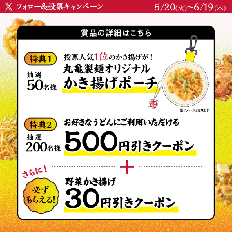 UdonMarugame's tweet photo. ／ 
#かき揚げ総選挙 開催中📢
＼

25種類のかき揚げの中からあなたの
推しのかき揚げに清き１票を🗳️

2️⃣5️⃣0️⃣名様に特別なプレゼント🎁
さらに！参加者全員に野菜かき揚げ30円引きクーポン🎁

①@UdonMarugameをフォロー
②特設サイトで推しのかき揚げに投票＆投票結果をXでシェア
③当選者のみ後日DM