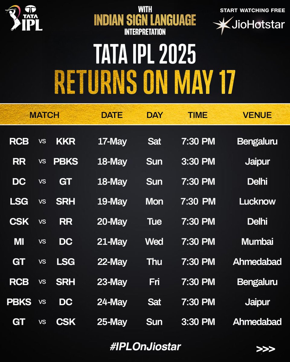 ishnews_tv's tweet photo. TATA IPL 2025 IS BACK! 🤩
Here's the new schedule! 🙌
#IPLinISL #TATAIPL2025 #JioHotstar #IPLonJioStar #IPL2025 #ISHNews #Cricket #Accessibility #Deaf #IPL #ISL #IndianSignLanguage #SignLanguage #DeafCommunity #Deaf https://t.co/05Qkd8mJjI