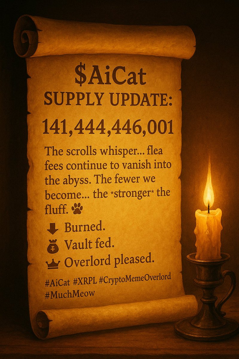 x_AiCat_x's tweet photo. $AiCat Supply Update:
141,444,446,001
The scrolls whisper… flea fees continue to vanish into the abyss.
The fewer we become… the stronger the fluff. 🐾
📉 Burned.
💰 Vault fed.
👑 Overlord pleased.
#AiCat #XRPL #CryptoMemeOverlord #MuchMeow https://t.co/z03jrsMBNp