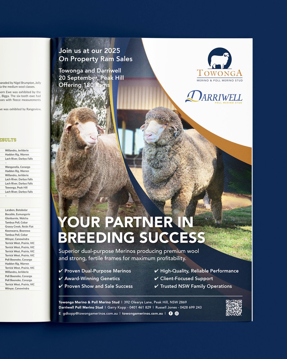 emderica's tweet photo. Proud to share this full-page ad I designed for Towonga Merino &amp; Poll Merino Stud 🐏 Featured in the latest Top Sire magazine, spotlighting Towonga &amp; Darriwell’s premium genetics and generations of quality breeding. #GraphicDesign #AgMarketing
https://t.co/6A6c0uvuQG https://t.co/qQuT8vn7AH